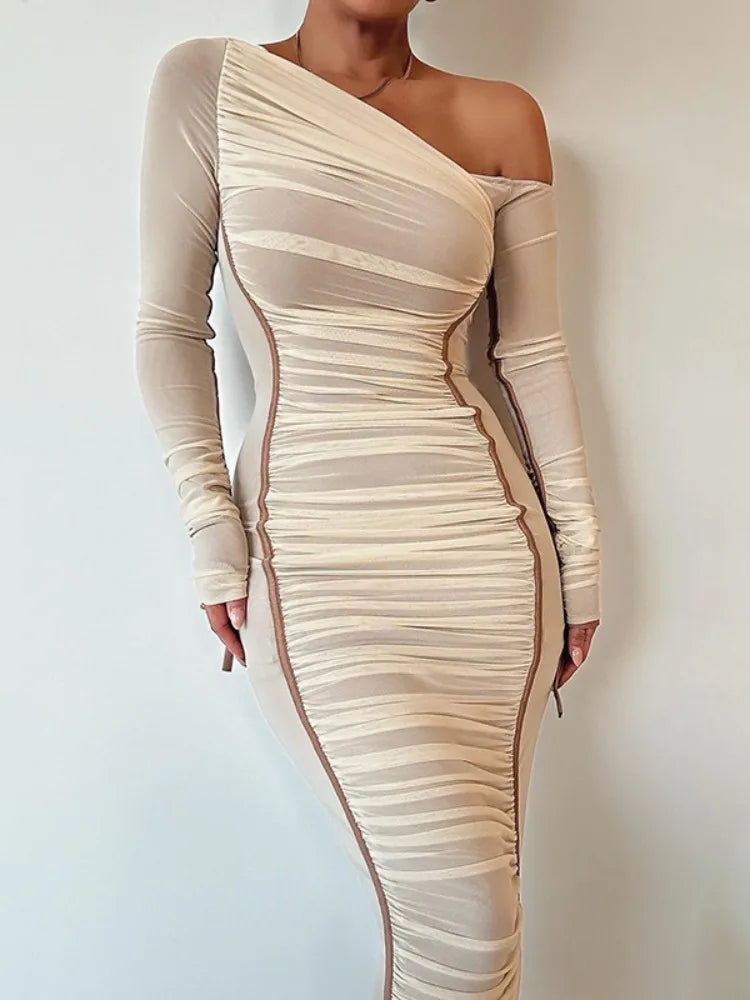 White Mesh Off-Shoulder Maxi Dress Female Long Sleeve Patchwork Fashion Contrast Summer Backless Ladies Party Long Dress