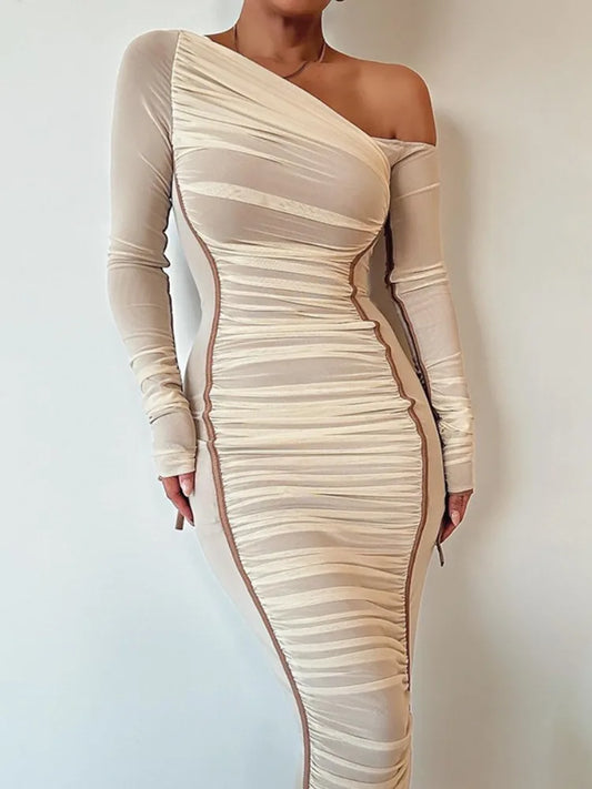 White Mesh Off-Shoulder Maxi Dress Female Long Sleeve Patchwork Fashion Contrast Summer Backless Ladies Party Long Dress