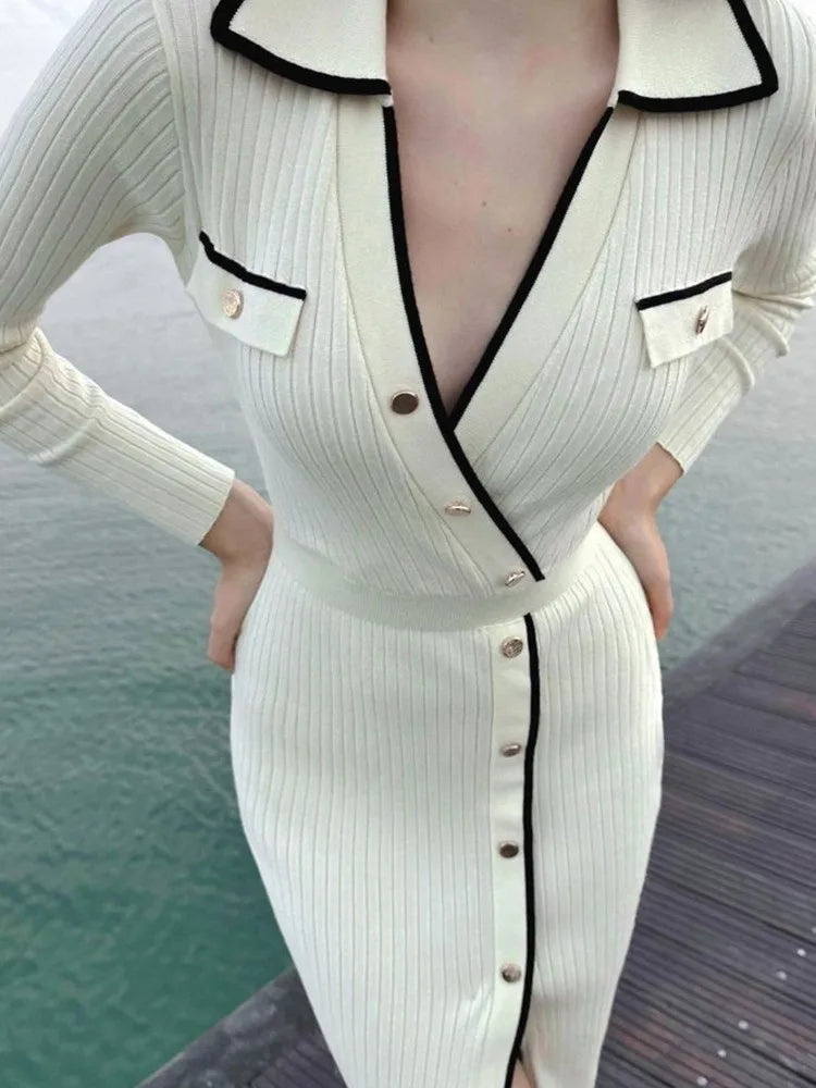 Vestido largo de punto con patchwork blanco para mujer, ajustado, con cordones, cintura alta, abertura, elegante, para fiesta, con solapa de moda.