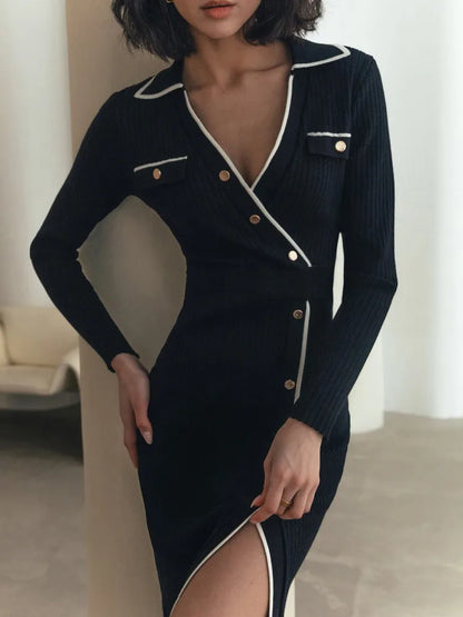 Vestido largo de punto con patchwork blanco para mujer, ajustado, con cordones, cintura alta, abertura, elegante, para fiesta, con solapa de moda.