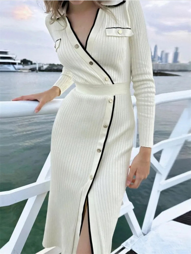 Vestido largo de punto con patchwork blanco para mujer, ajustado, con cordones, cintura alta, abertura, elegante, para fiesta, con solapa de moda.