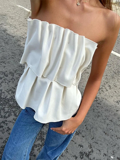 White Pleated For Women Tube Tops Backless Slim Patchwork Casual Summer Elegant Y2k Top High Waist Solid Bandeau Crop top