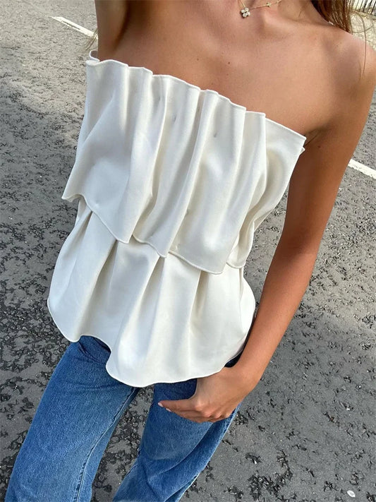 White Pleated For Women Tube Tops Backless Slim Patchwork Casual Summer Elegant Y2k Top High Waist Solid Bandeau Crop top