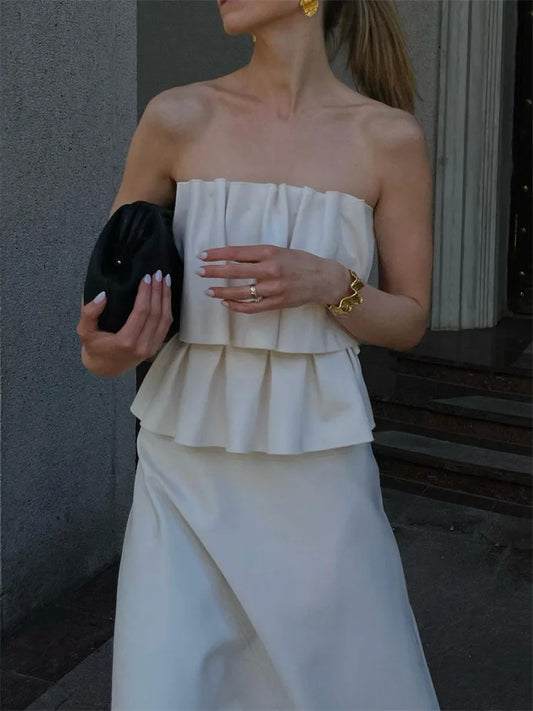 White Pleated For Women Tube Tops Backless Slim Patchwork Casual Summer Elegant Y2k Top High Waist Solid Bandeau Crop top