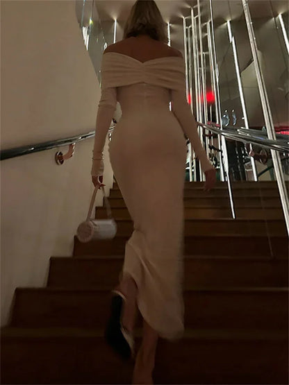 Vestido largo plisado blanco elegante para mujer, con hombros descubiertos y cintura alta, liso, para fiesta