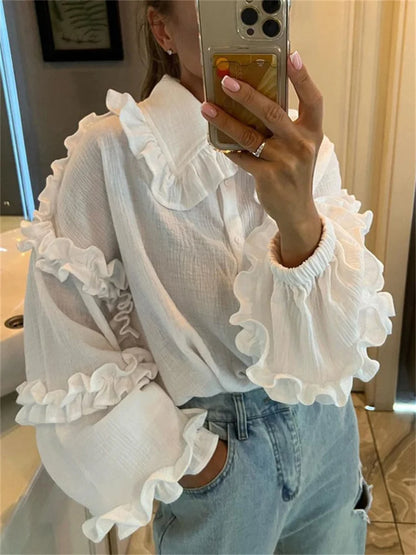 Camisas casuales blancas con volantes para mujer, cárdigan de retazos a la moda con solapa, manga larga, prendas de vestir exteriores, camisas ajustadas para mujer, novedad 2025