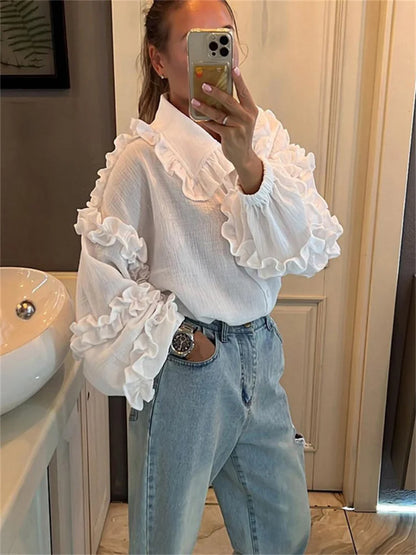 Camisas casuales blancas con volantes para mujer, cárdigan de retazos a la moda con solapa, manga larga, prendas de vestir exteriores, camisas ajustadas para mujer, novedad 2025