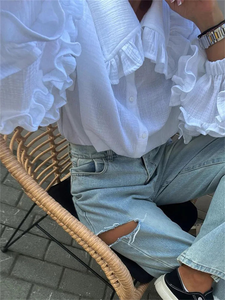 Camisas casuales blancas con volantes para mujer, cárdigan de retazos a la moda con solapa, manga larga, prendas de vestir exteriores, camisas ajustadas para mujer, novedad 2025