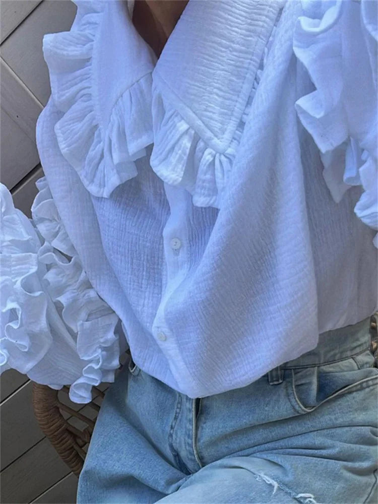 Camisas casuales blancas con volantes para mujer, cárdigan de retazos a la moda con solapa, manga larga, prendas de vestir exteriores, camisas ajustadas para mujer, novedad 2025
