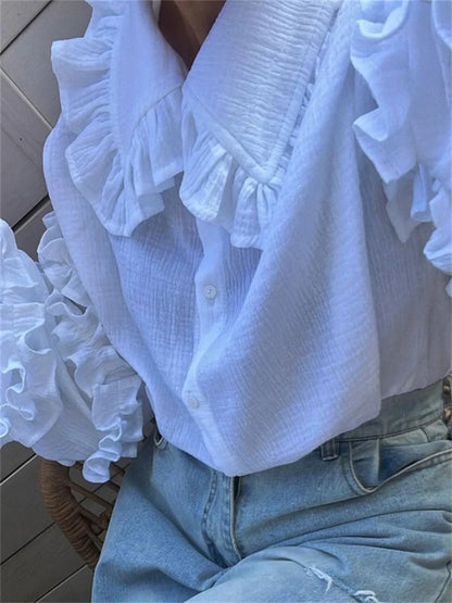 Camisas casuales blancas con volantes para mujer, cárdigan de retazos a la moda con solapa, manga larga, prendas de vestir exteriores, camisas ajustadas para mujer, novedad 2025