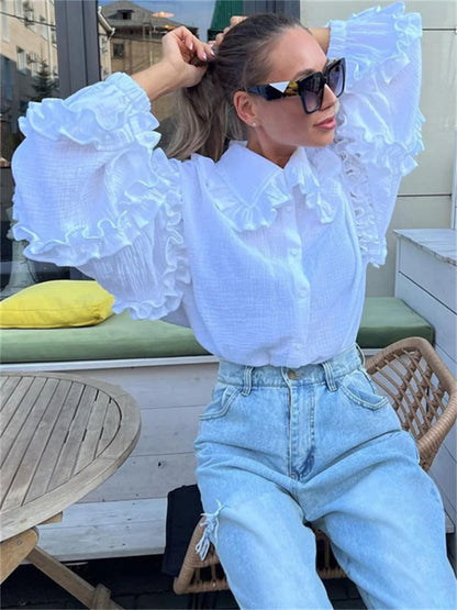 Camisas casuales blancas con volantes para mujer, cárdigan de retazos a la moda con solapa, manga larga, prendas de vestir exteriores, camisas ajustadas para mujer, novedad 2025