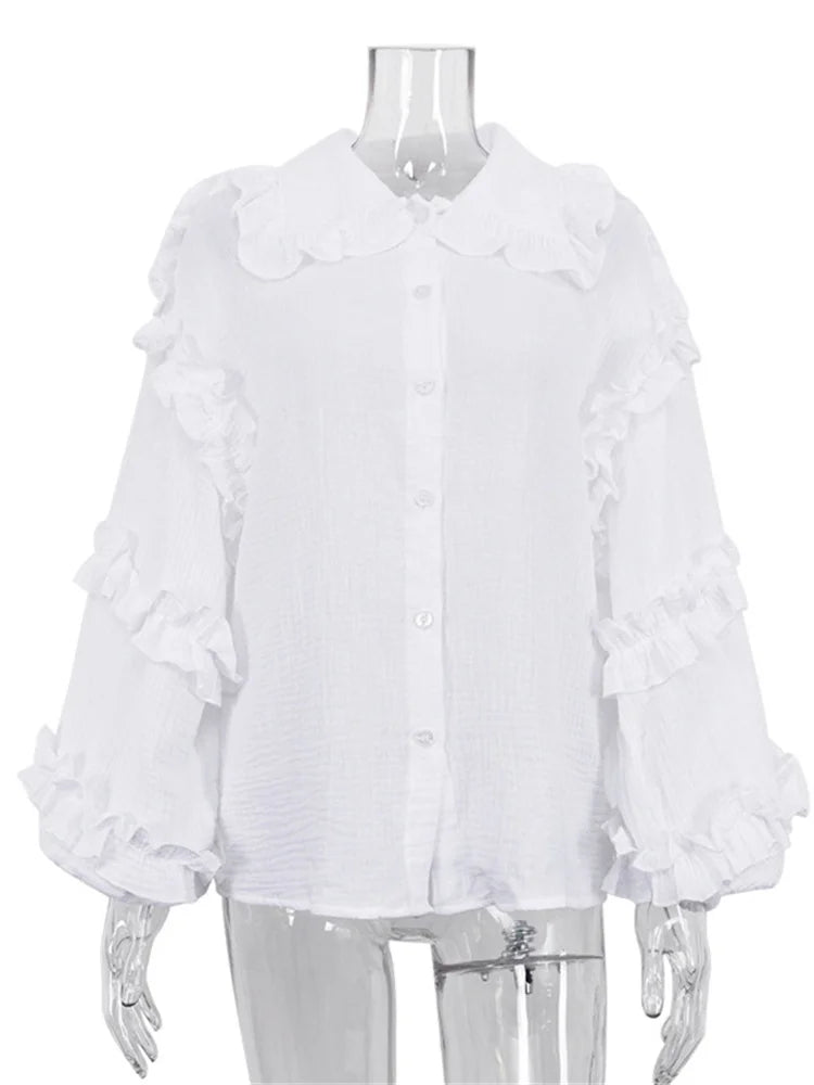 Camisas casuales blancas con volantes para mujer, cárdigan de retazos a la moda con solapa, manga larga, prendas de vestir exteriores, camisas ajustadas para mujer, novedad 2025