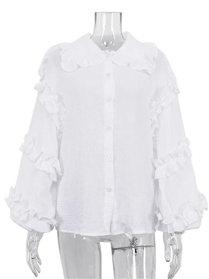 Camisas casuales blancas con volantes para mujer, cárdigan de retazos a la moda con solapa, manga larga, prendas de vestir exteriores, camisas ajustadas para mujer, novedad 2025