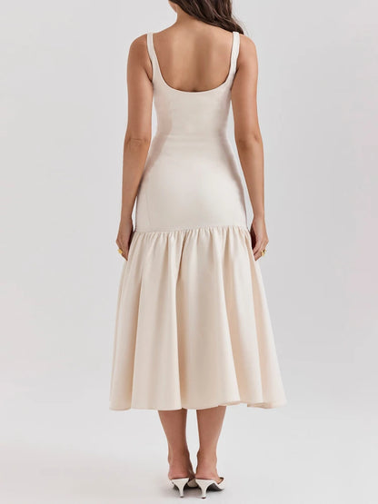 White Ruffled Patchwork Maxi Dress Female Fashion Slim High Waist Backless Pleated Summer Strapless Female Long Dress 2025