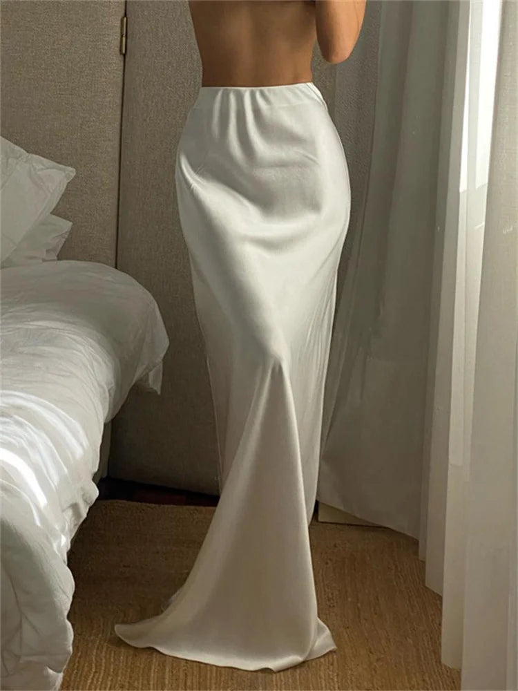 White Satin High Waist Long Skirt For Women Zipper Side Split Slim Elegant Party Maxi Skirt Y2k Outfit Female Long Skirt