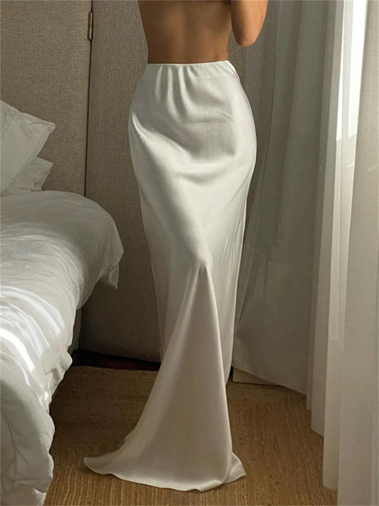 White Satin High Waist Long Skirt For Women Zipper Side Split Slim Elegant Party Maxi Skirt Y2k Outfit Female Long Skirt