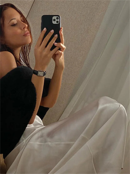 White Satin High Waist Long Skirt For Women Zipper Side Split Slim Elegant Party Maxi Skirt Y2k Outfit Female Long Skirt