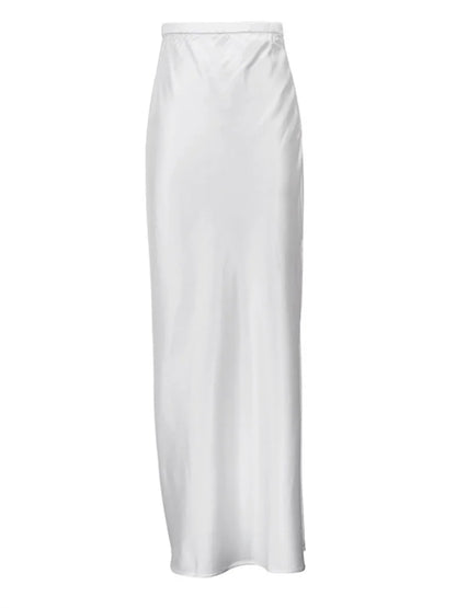 White Satin High Waist Long Skirt For Women Zipper Side Split Slim Elegant Party Maxi Skirt Y2k Outfit Female Long Skirt