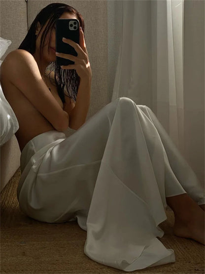 White Satin High Waist Long Skirt For Women Zipper Side Split Slim Elegant Party Maxi Skirt Y2k Outfit Female Long Skirt