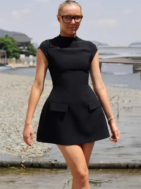 White Slim Women’s Mini Dress Sleeveless Casual Pocket High Waist Elegant Party Dress Patchwork Fashion Solid Ladies Dress