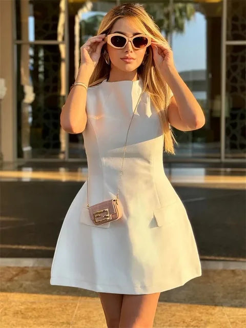 White Slim Women’s Mini Dress Sleeveless Casual Pocket High Waist Elegant Party Dress Patchwork Fashion Solid Ladies Dress
