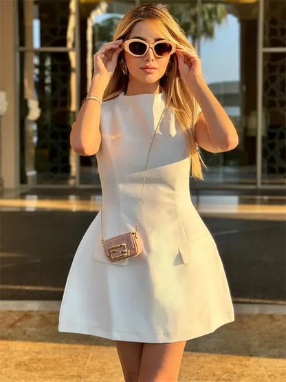 White Slim Women’s Mini Dress Sleeveless Casual Pocket High Waist Elegant Party Dress Patchwork Fashion Solid Ladies Dress
