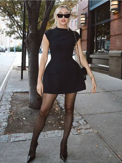 White Slim Women’s Mini Dress Sleeveless Casual Pocket High Waist Elegant Party Dress Patchwork Fashion Solid Ladies Dress