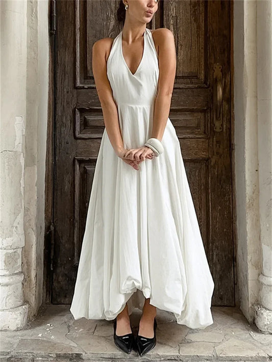 White V-Neck Backless Long Dress Female Sleeveless High Waist Fashion Elegant Luxury Bodycon Dress Women Solid Maxi Dress