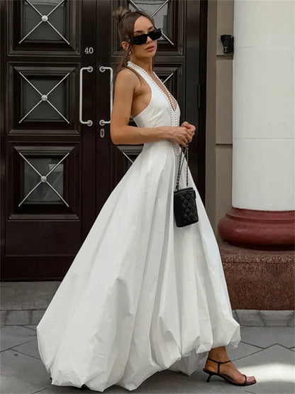 White V-Neck Backless Long Dress Female Sleeveless High Waist Fashion Elegant Luxury Bodycon Dress Women Solid Maxi Dress