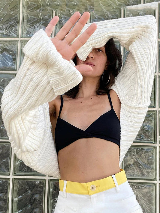 Suéter blanco para mujer, top corto con mangas abullonadas, jersey de punto, ropa de calle sexy para verano, primavera 2025