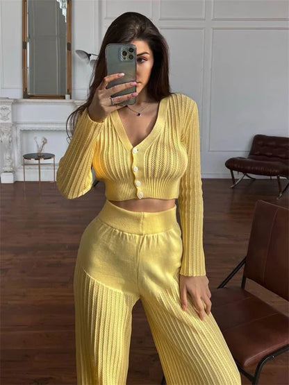 Women Casual Knitted Sweater Outfits Buttons See-Through Long Sleeve High Waist Knit Two Piece Fashion Trousers Outfits