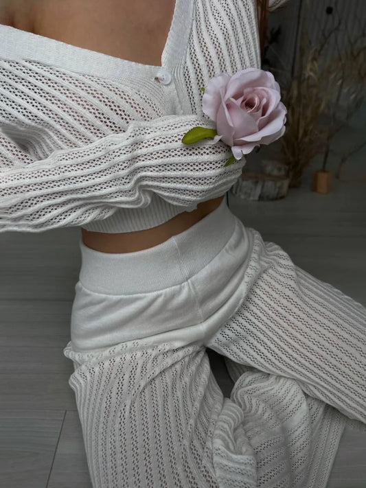 Conjunto de suéter de punto informal para mujer, con botones, transparente, manga larga, cintura alta, pantalones de punto de dos piezas, conjuntos de moda