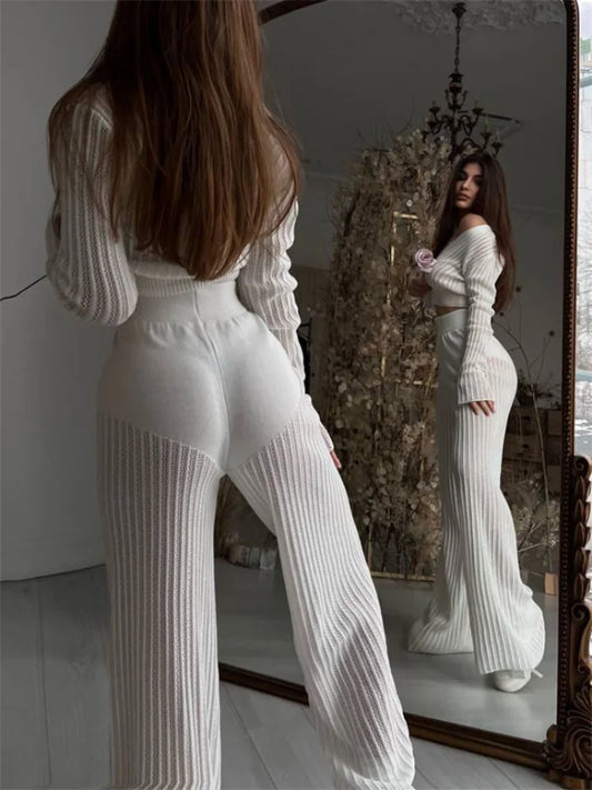Conjunto de suéter de punto informal para mujer, con botones, transparente, manga larga, cintura alta, pantalones de punto de dos piezas, conjuntos de moda