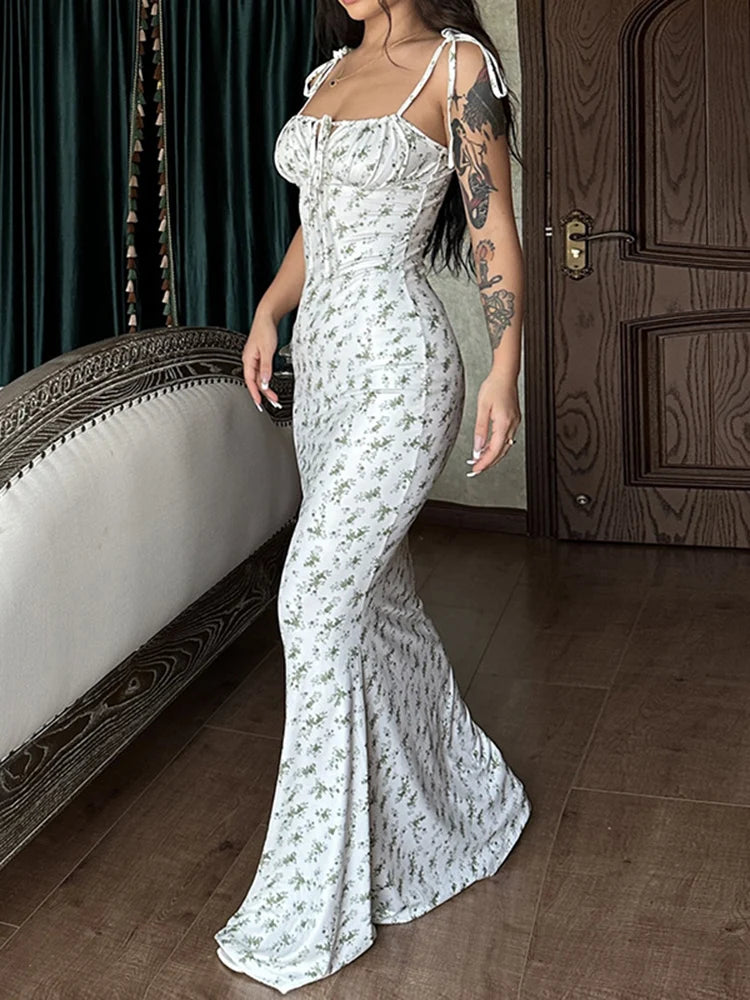 Vestido de tirantes con flores para mujer, elegante, sexy, sin mangas, espalda descubierta, ajustado, para playa, fiesta de noche, 2025