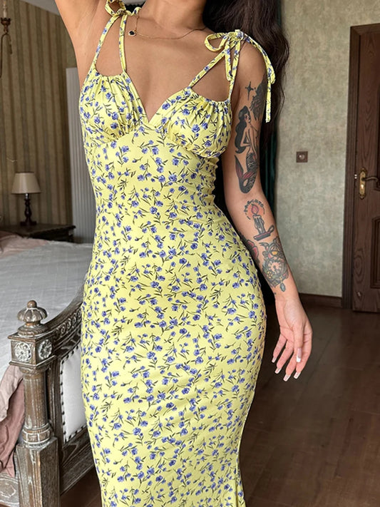 Women Flowers Suspender Dress Hip Wrap Elegant Sexy Sleeveless Backless Slim Female Beach Evening Party Bodycon Dress 2025