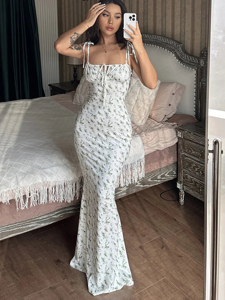Vestido de tirantes con flores para mujer, elegante, sexy, sin mangas, espalda descubierta, ajustado, para playa, fiesta de noche, 2025