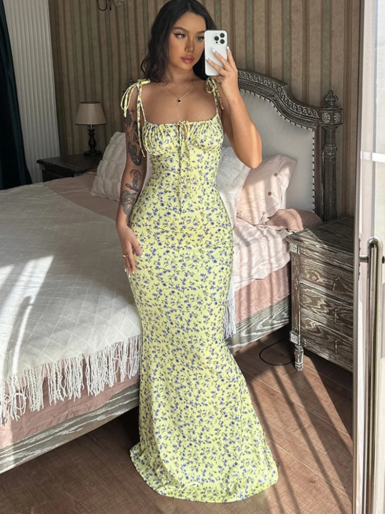 Vestido de tirantes con flores para mujer, elegante, sexy, sin mangas, espalda descubierta, ajustado, para playa, fiesta de noche, 2025