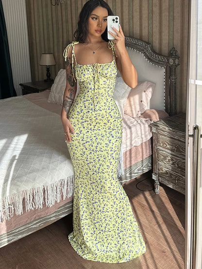 Vestido de tirantes con flores para mujer, elegante, sexy, sin mangas, espalda descubierta, ajustado, para playa, fiesta de noche, 2025