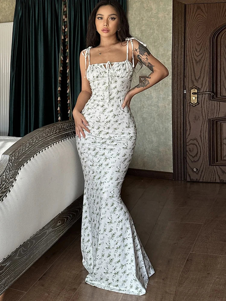 Vestido de tirantes con flores para mujer, elegante, sexy, sin mangas, espalda descubierta, ajustado, para playa, fiesta de noche, 2025
