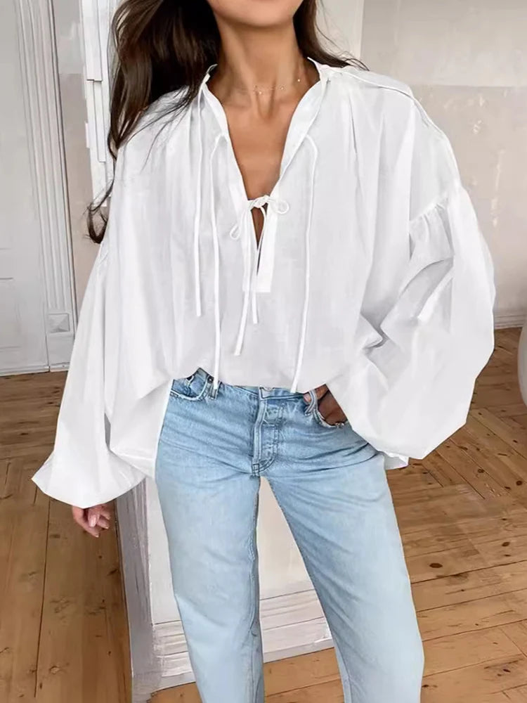 Women Full Sleeve Shirt Cotton V Neck Lace Up Solid Color Loose Fashion Casual Puff Sleeve Pullover Patchwork Female Top