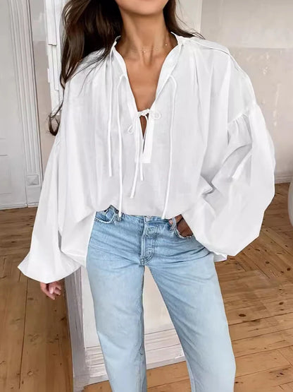 Women Full Sleeve Shirt Cotton V Neck Lace Up Solid Color Loose Fashion Casual Puff Sleeve Pullover Patchwork Female Top