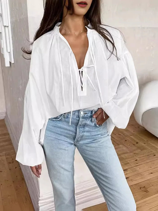 Women Full Sleeve Shirt Cotton V Neck Lace Up Solid Color Loose Fashion Casual Puff Sleeve Pullover Patchwork Female Top
