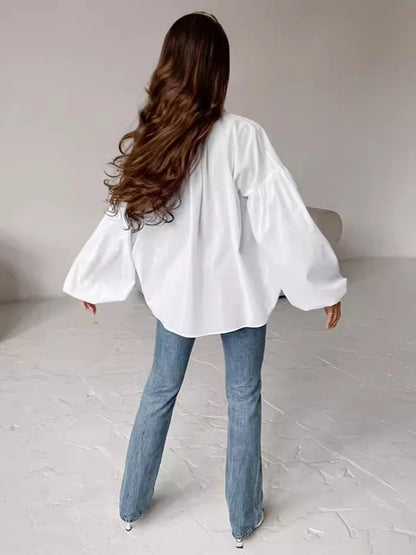Women Full Sleeve Shirt Cotton V Neck Lace Up Solid Color Loose Fashion Casual Puff Sleeve Pullover Patchwork Female Top