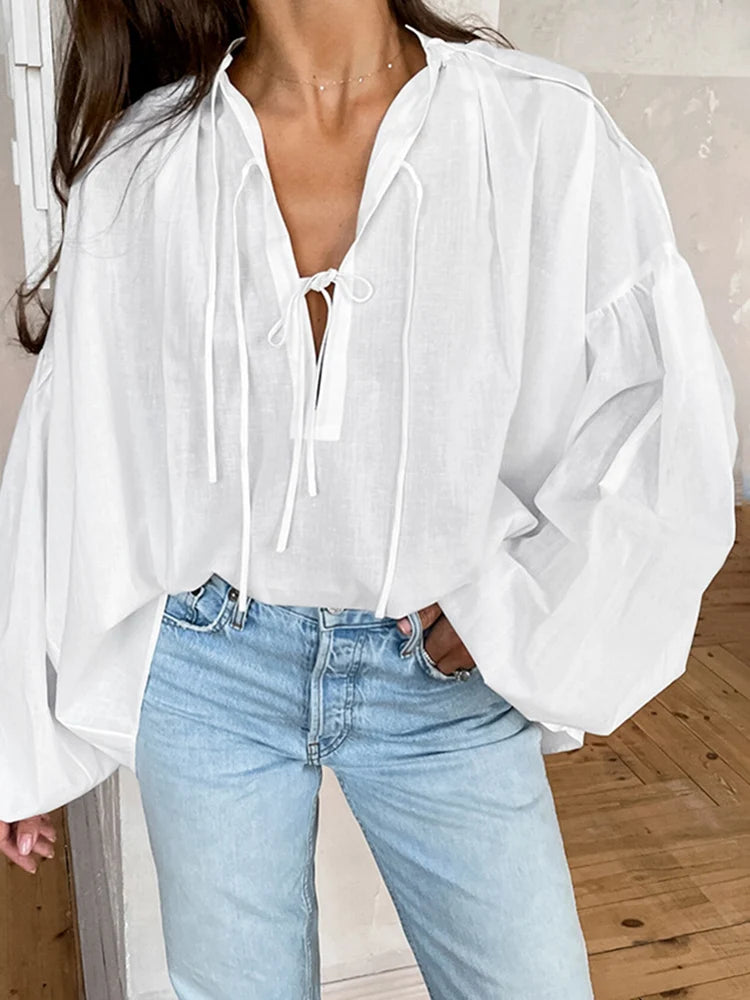 Women Full Sleeve Shirt Cotton V Neck Lace Up Solid Color Loose Fashion Casual Puff Sleeve Pullover Patchwork Female Top
