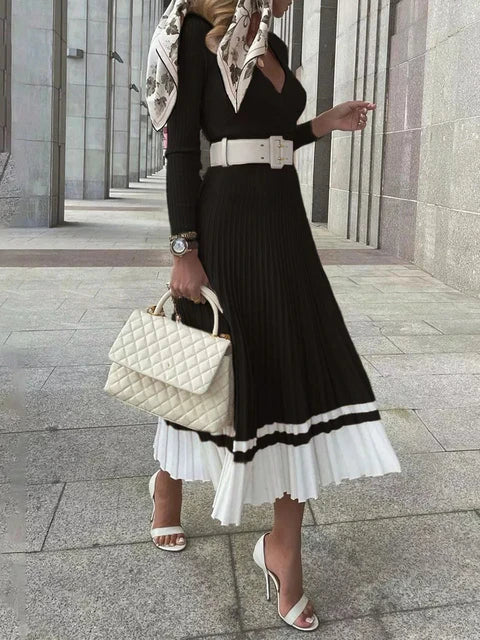 Women Ribbed V-neck Fold Knitted Max Dress Ladies Skinny Sexy A-line Dresses Two Color Patchwork Elegant Chic Vestidos