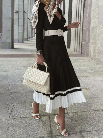 Women Ribbed V-neck Fold Knitted Max Dress Ladies Skinny Sexy A-line Dresses Two Color Patchwork Elegant Chic Vestidos