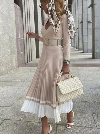 Women Ribbed V-neck Fold Knitted Max Dress Ladies Skinny Sexy A-line Dresses Two Color Patchwork Elegant Chic Vestidos