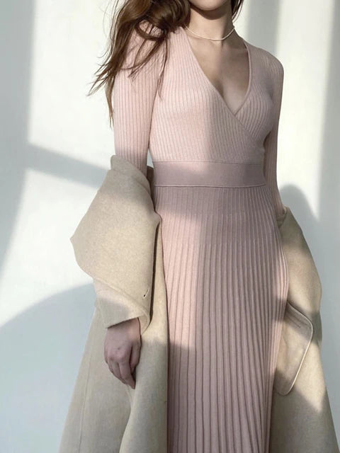 Women Ribbed V-neck Fold Knitted Max Dress Ladies Skinny Sexy A-line Dresses Two Color Patchwork Elegant Chic Vestidos