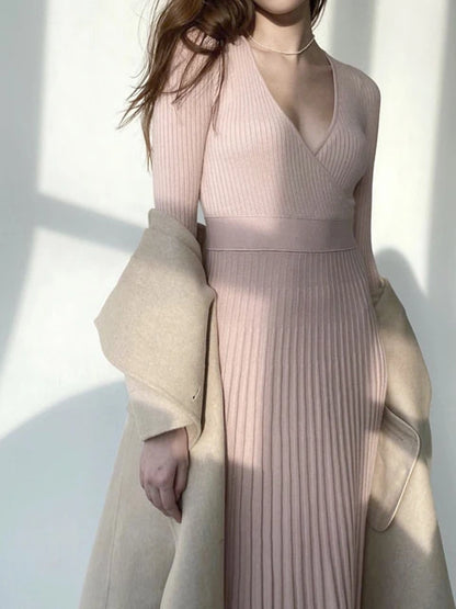 Women Ribbed V-neck Fold Knitted Max Dress Ladies Skinny Sexy A-line Dresses Two Color Patchwork Elegant Chic Vestidos