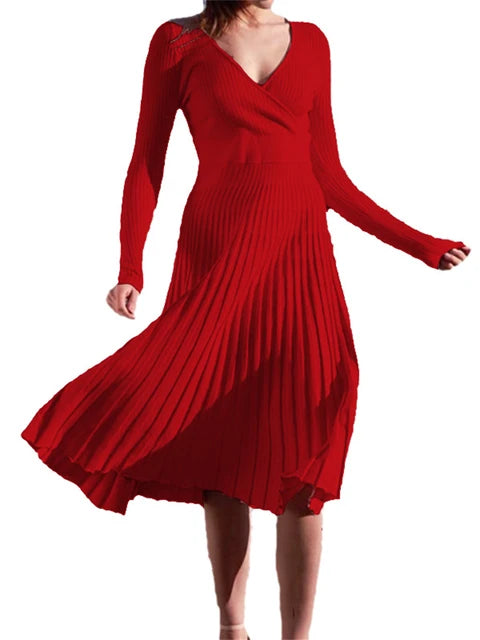 Women Ribbed V-neck Fold Knitted Max Dress Ladies Skinny Sexy A-line Dresses Two Color Patchwork Elegant Chic Vestidos
